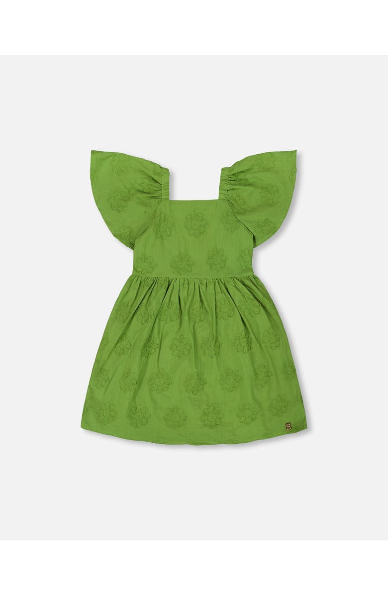 Deux par Deux Girl's Frill Sleeve Dress With Embroidery Green, Main, color,