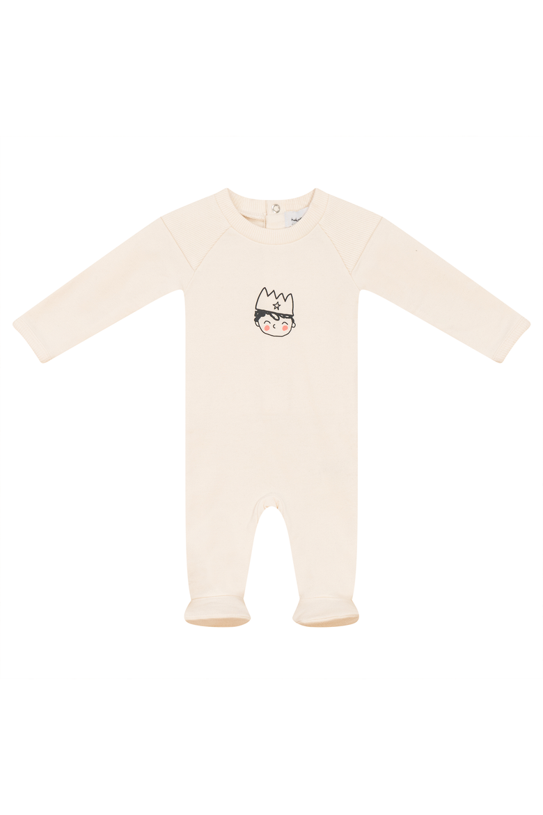 Boy French Fleece Crown Print Long Sleeve Romper, Main, color, Cream