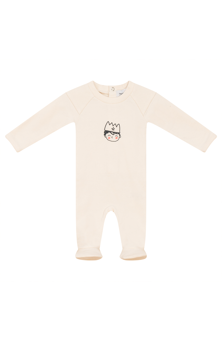 Charlotte & George Boy French Fleece Crown Print Long Sleeve Romper, Main, color, Cream