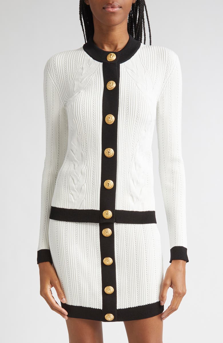 Balmain Twisted Cable Knit Cardigan, Main, color, Gab White/ Black