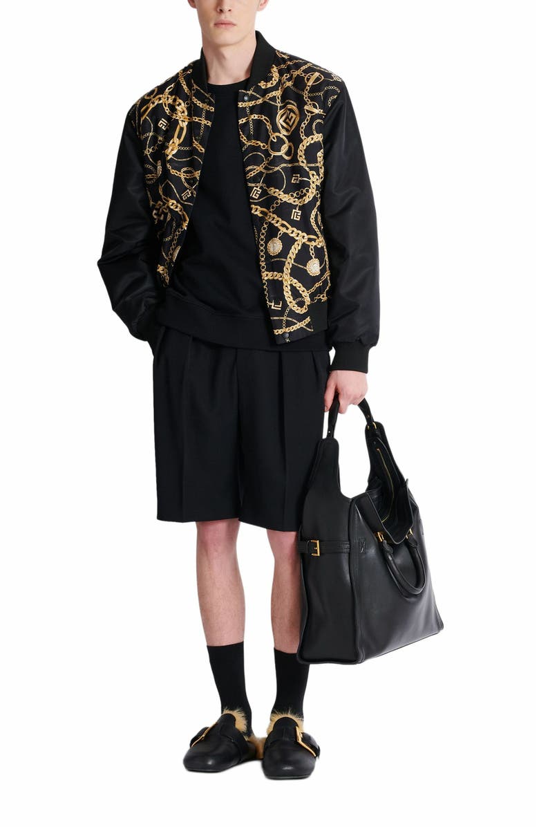 Balmain Reversible Printed Bomber Jacket With Chaînes Pattern, Alternate, color, Black