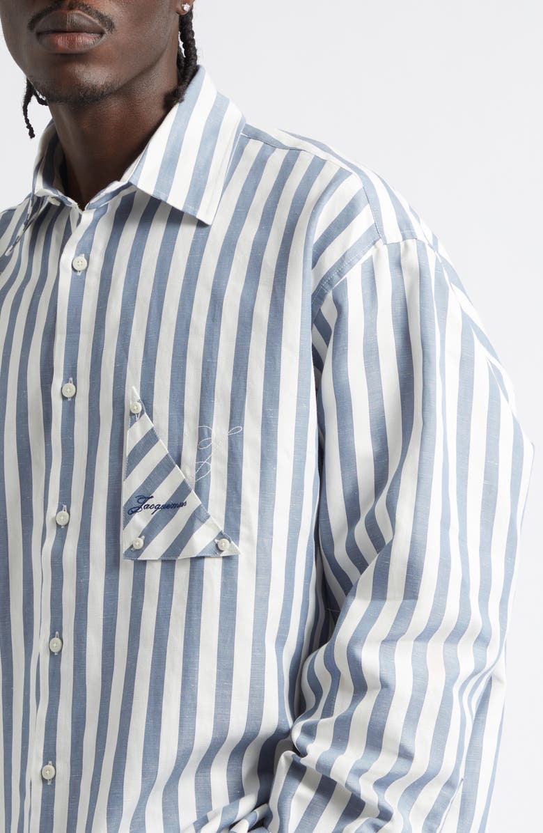Jacquemus La Chemise Voilier Stripe Cotton & Linen Button-Up Shirt, Alternate, color, Jacquard Stripes Blue