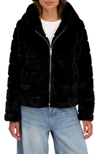 Sebby Hooded Faux Fur Jacket In Black