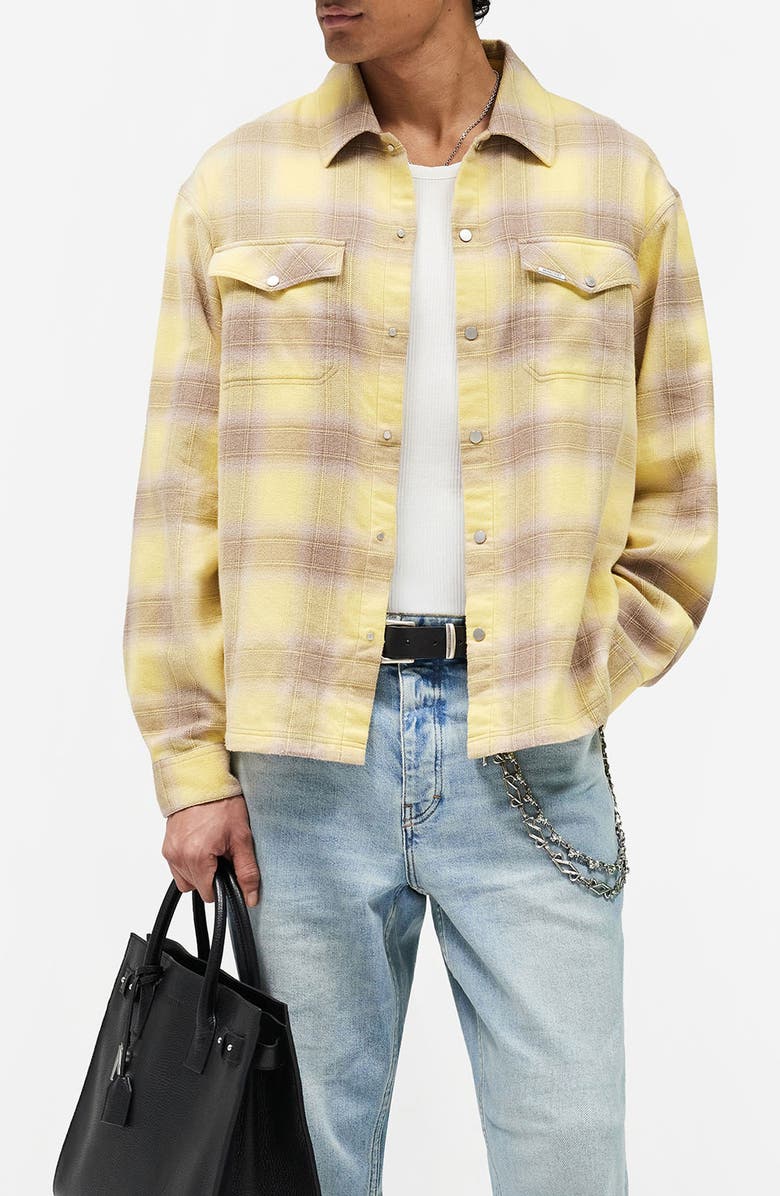 Represent Plaid Cotton Flannel Snap Front Shirt, Main, color, Creamed Corn