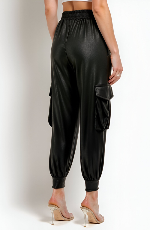 Modenaire Faux Leather Cargo Drawstring Jogger Pants In Black
