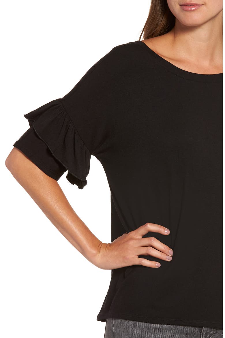Ruffle Sleeve Tee, Alternate, color, BLACK