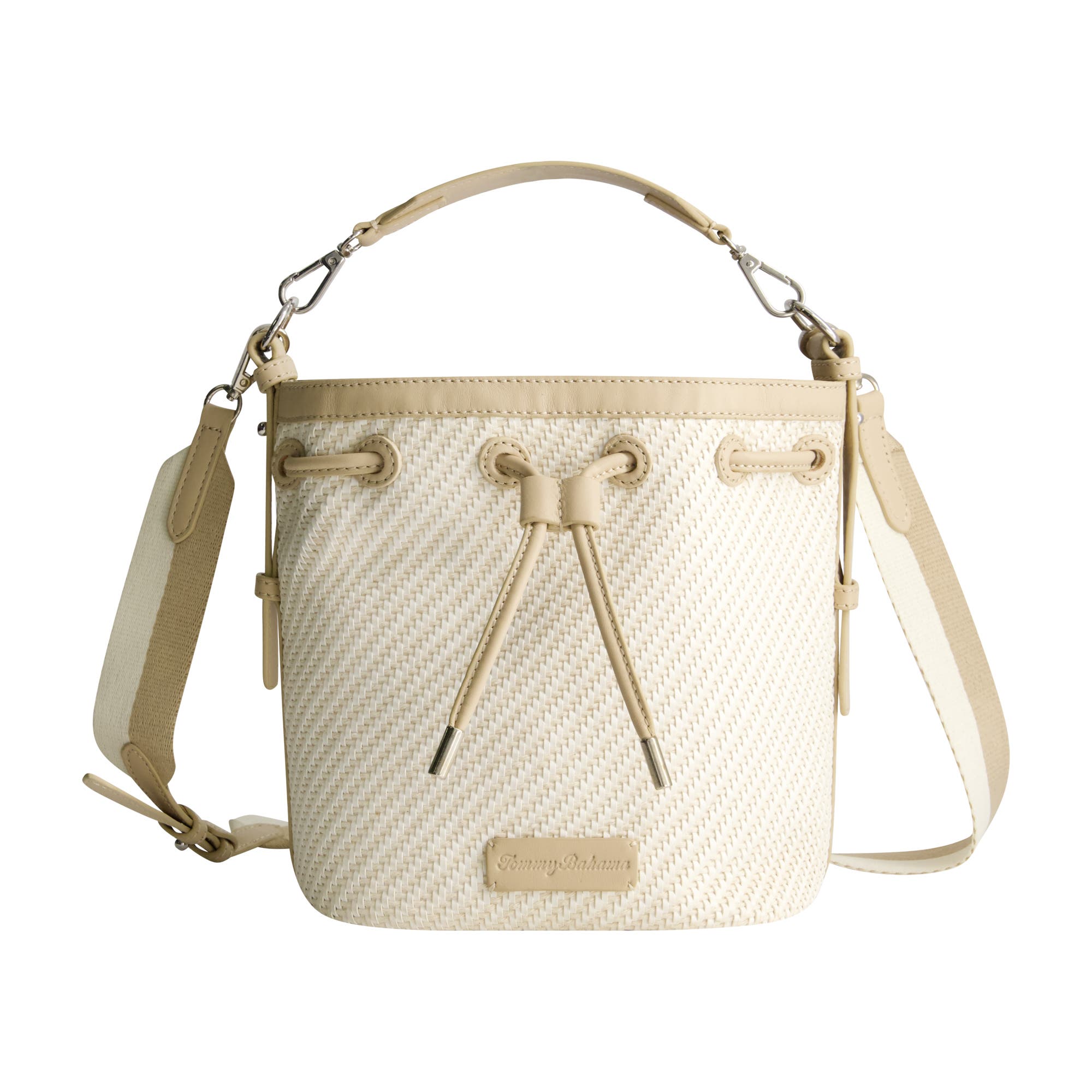 Tommy Bahama Soft Woven Drawstring Bucket Bag, Main, color, Tan/White