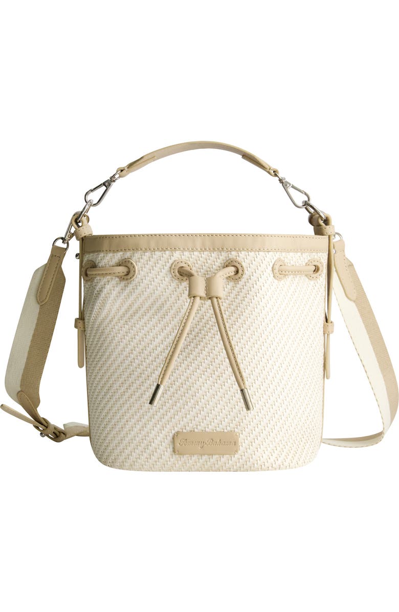 Tommy Bahama Soft Woven Drawstring Bucket Bag, Main, color, Tan/White