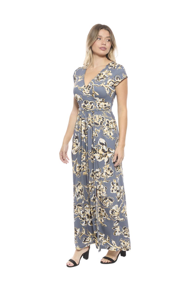 24seven Comfort Apparel Womens Floral V-Neck Cap Sleeve Side Slit Pocket Maxi Dress, Alternate, color, Grey Multi