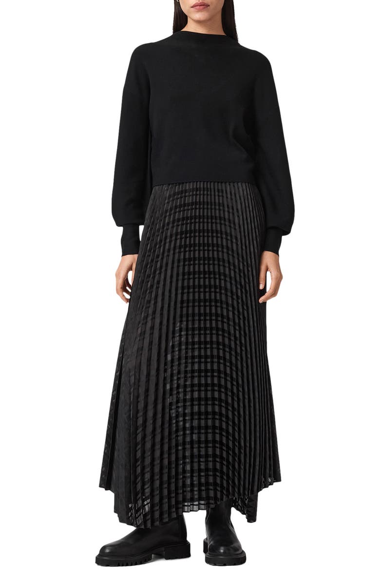 AllSaints Sinead Funnel Neck Sweater & Pleated Maxi Dress Set, Main, color, Black