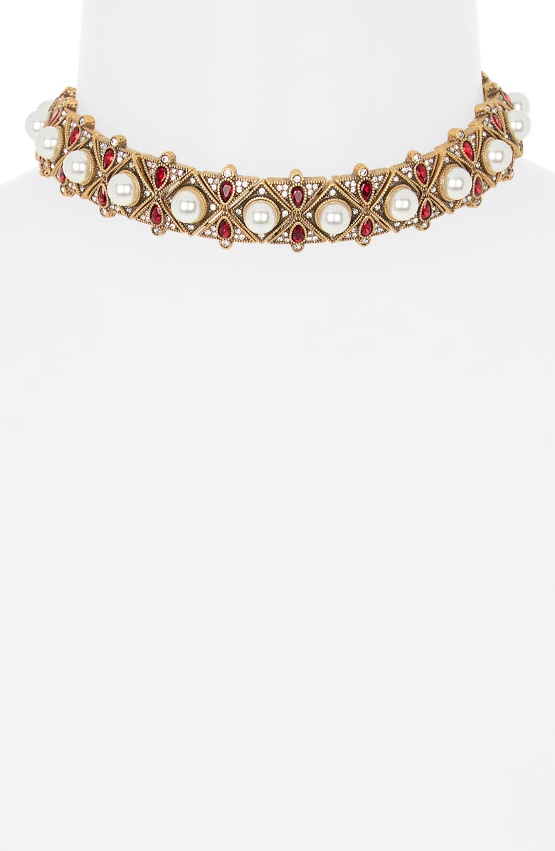 Kenneth Jay Lane Faux Ruby & Faux Pearl Choker Statement Necklace, Alternate, color, Gold