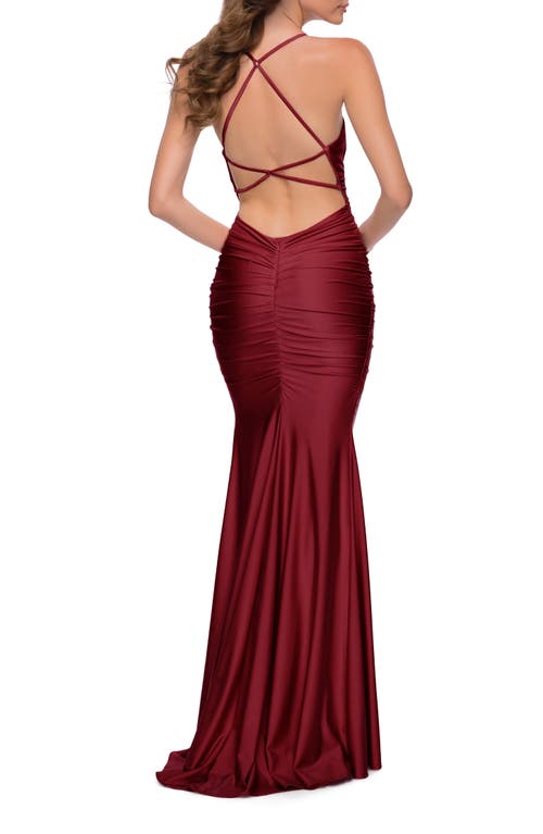 La Femme On Trend Jersey Long Dress With Ruching On Bodice In Burgundy