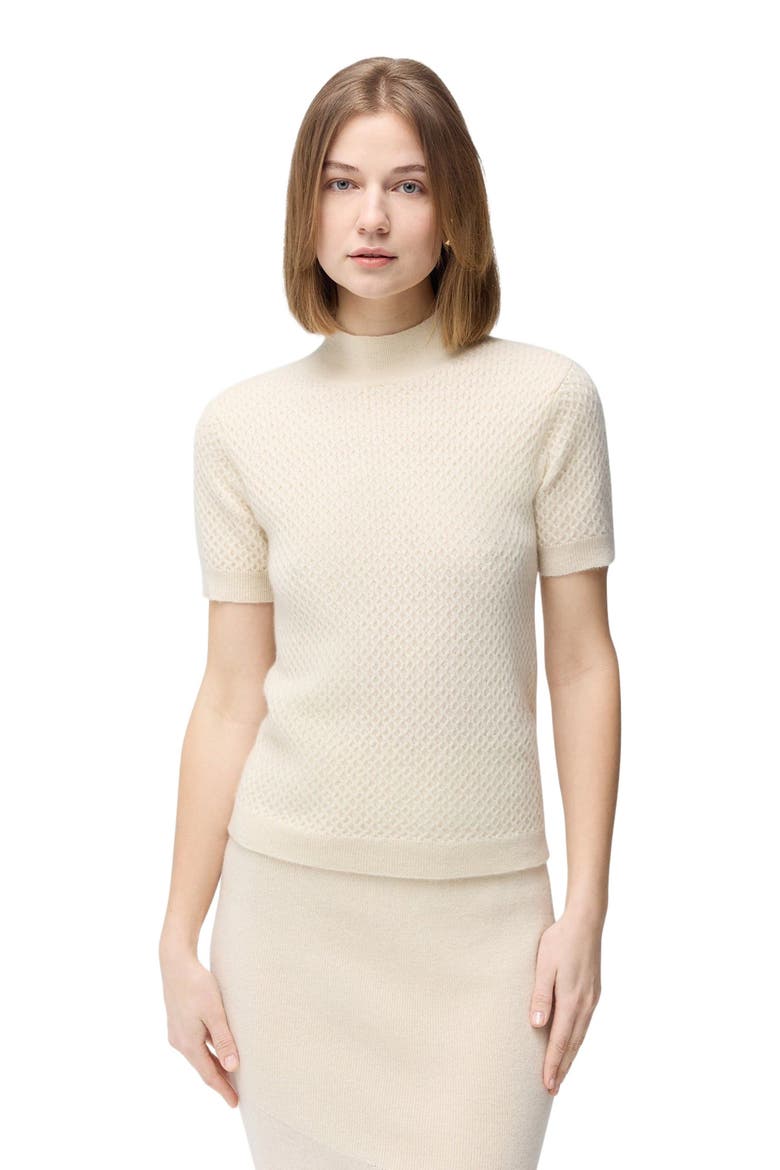 Short-Sleeve Textured Cashmere Top, Main, color, off white