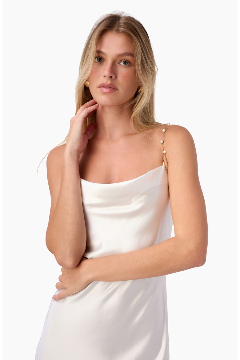 Shallon Faux Pearl Strap Satin Gown, Alternate, color, WHITE
