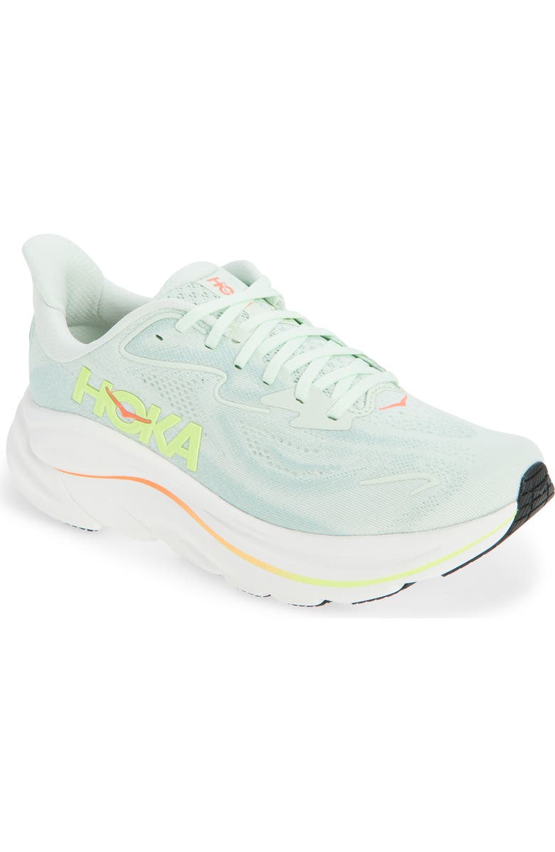 HOKA Clifton 10 Running Shoe, Main, color, Sea Glass/ Neon Flame