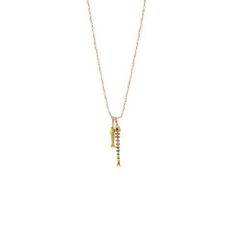 White Beaded Double Fish Necklace