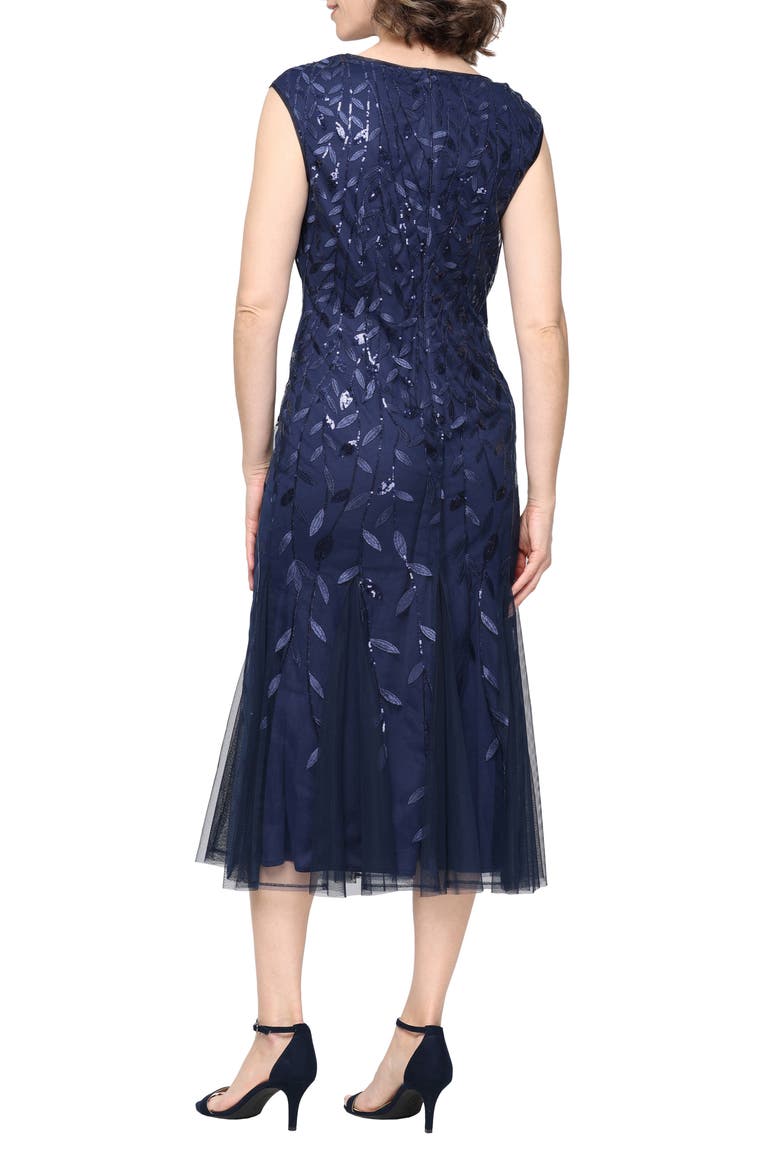 Sequin Leaf Embroidery Cocktail Midi Dress, Alternate, color, NAVY