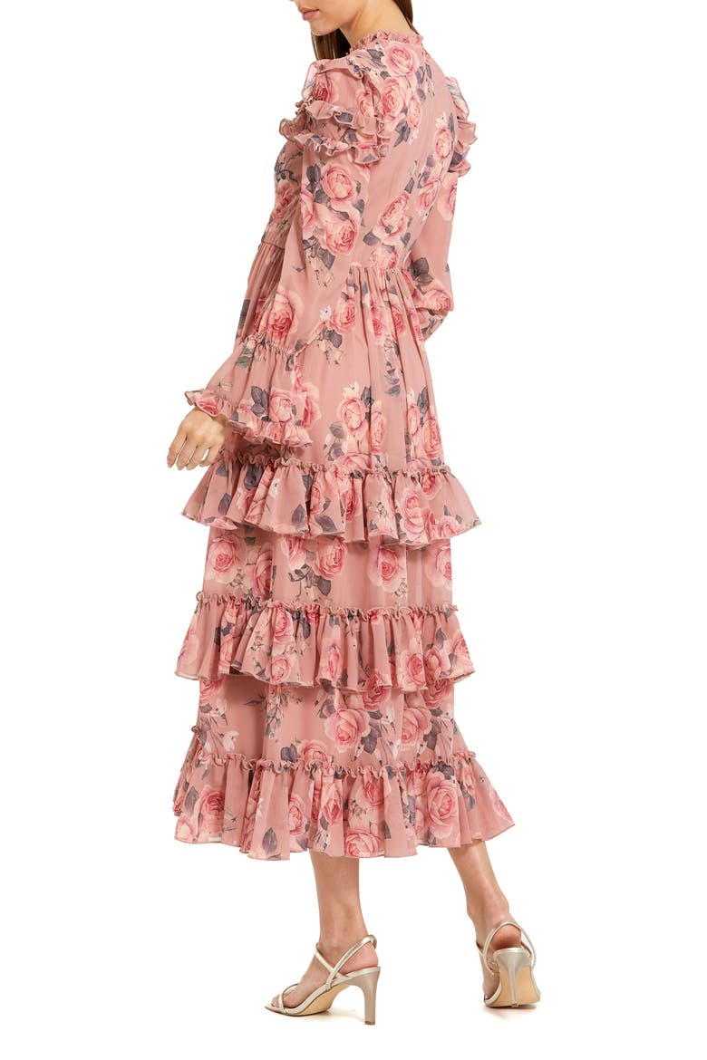 Printed Long Sleeve Lace Up Front Tiered Ruffle Dress, Alternate, color, Rose Multi