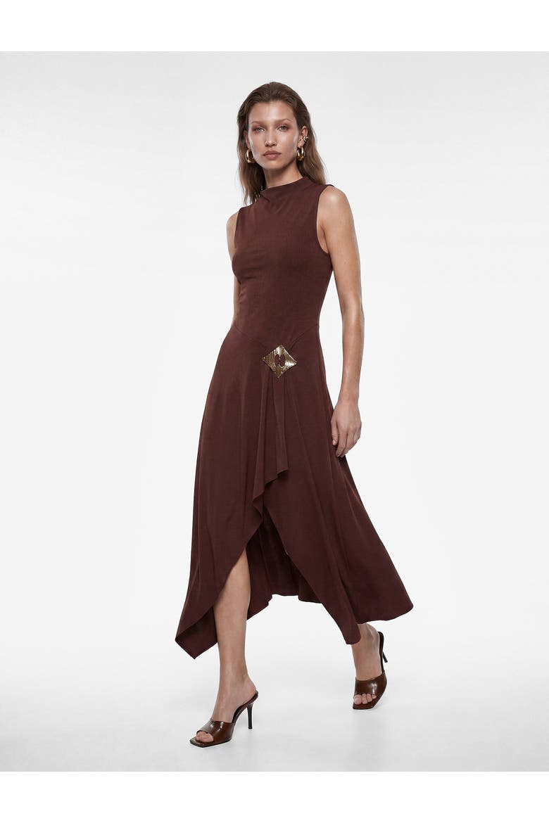 Sleeveless High Neck Draped Midi Dress with Accessory Detail, Alternate, color, BROWN