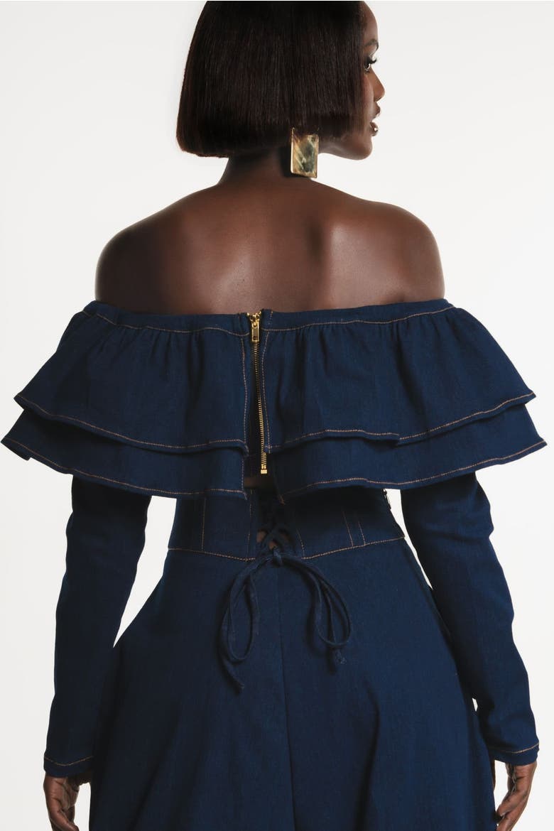 Denim Dija Ruffle Crop Top, Alternate, color, Blue