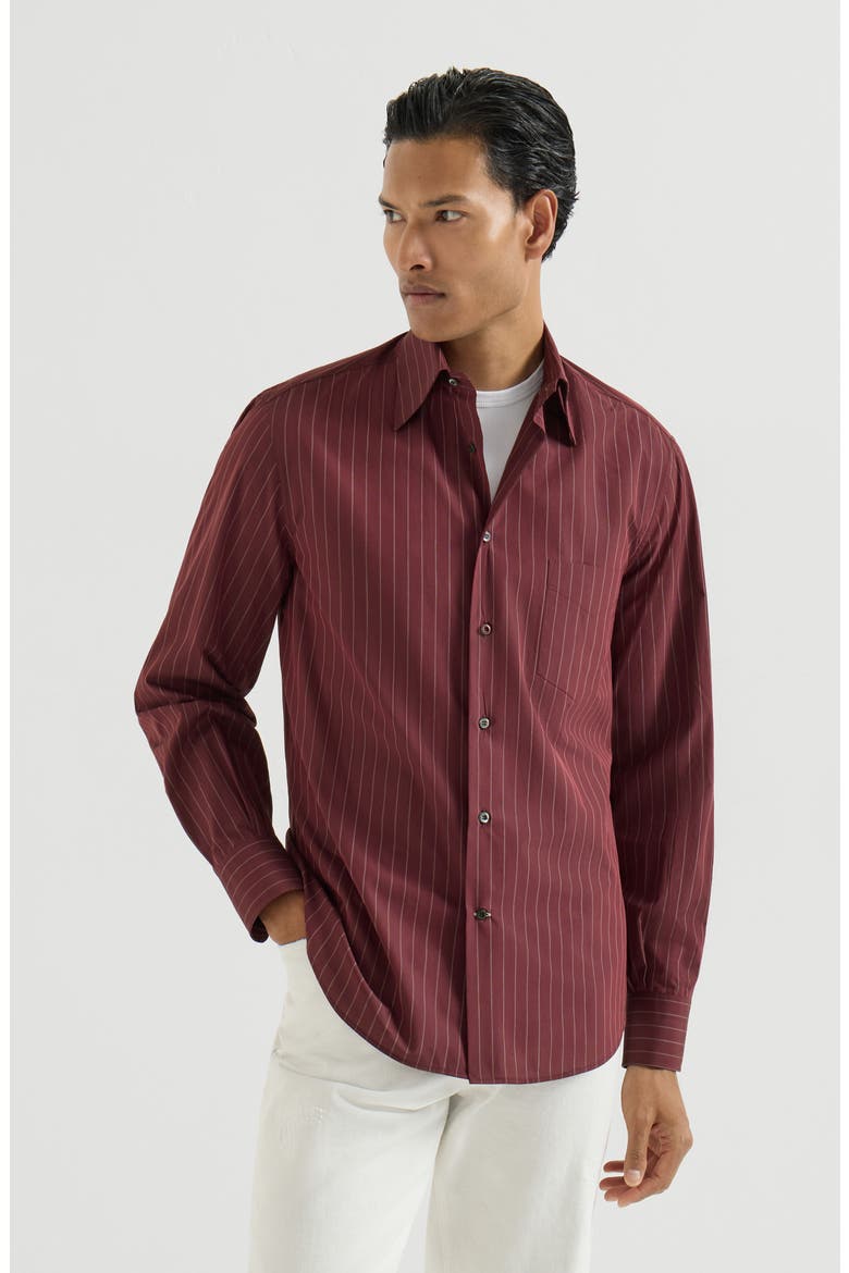 Double pinstripe cotton shirt with Italian collar and chest pocket, Main, color, Burgundy