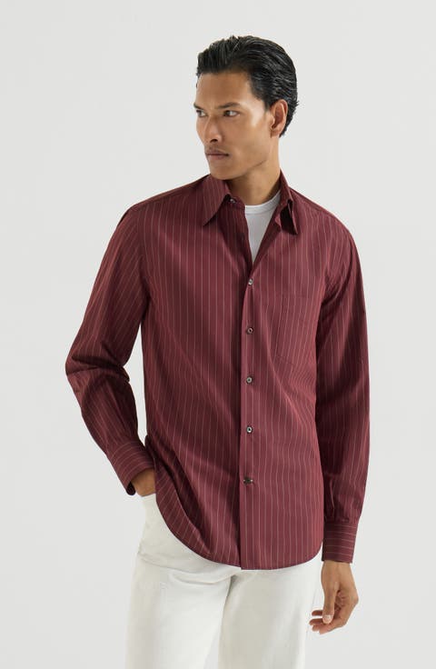 Double pinstripe cotton shirt with Italian collar and chest pocket
