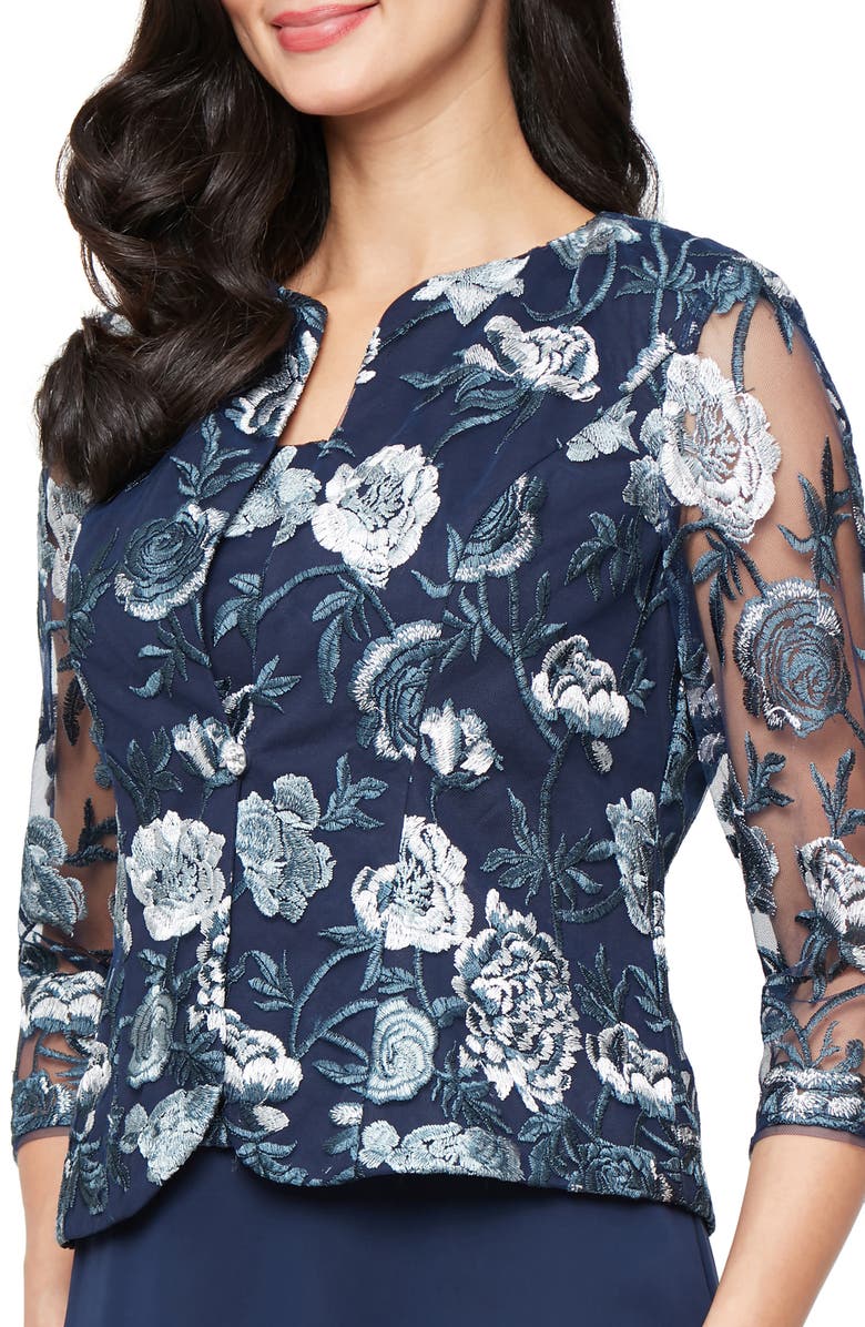 Alex Evenings Floral Embroidered Mock Two-Piece Gown with Jacket, Alternate, color, Navy Multi