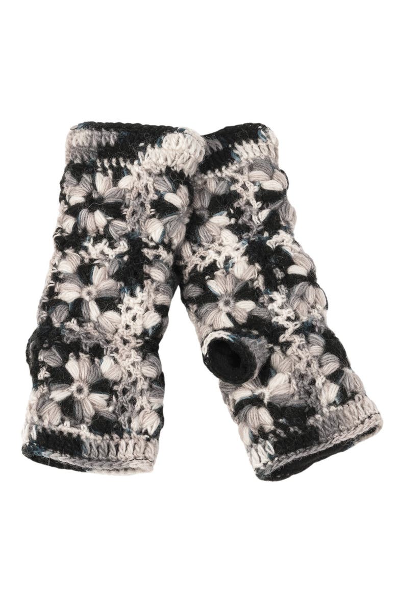 Multi Color Flower Hand Crochet Fingerless Gloves, Main, color, Black/White/Oatmeal