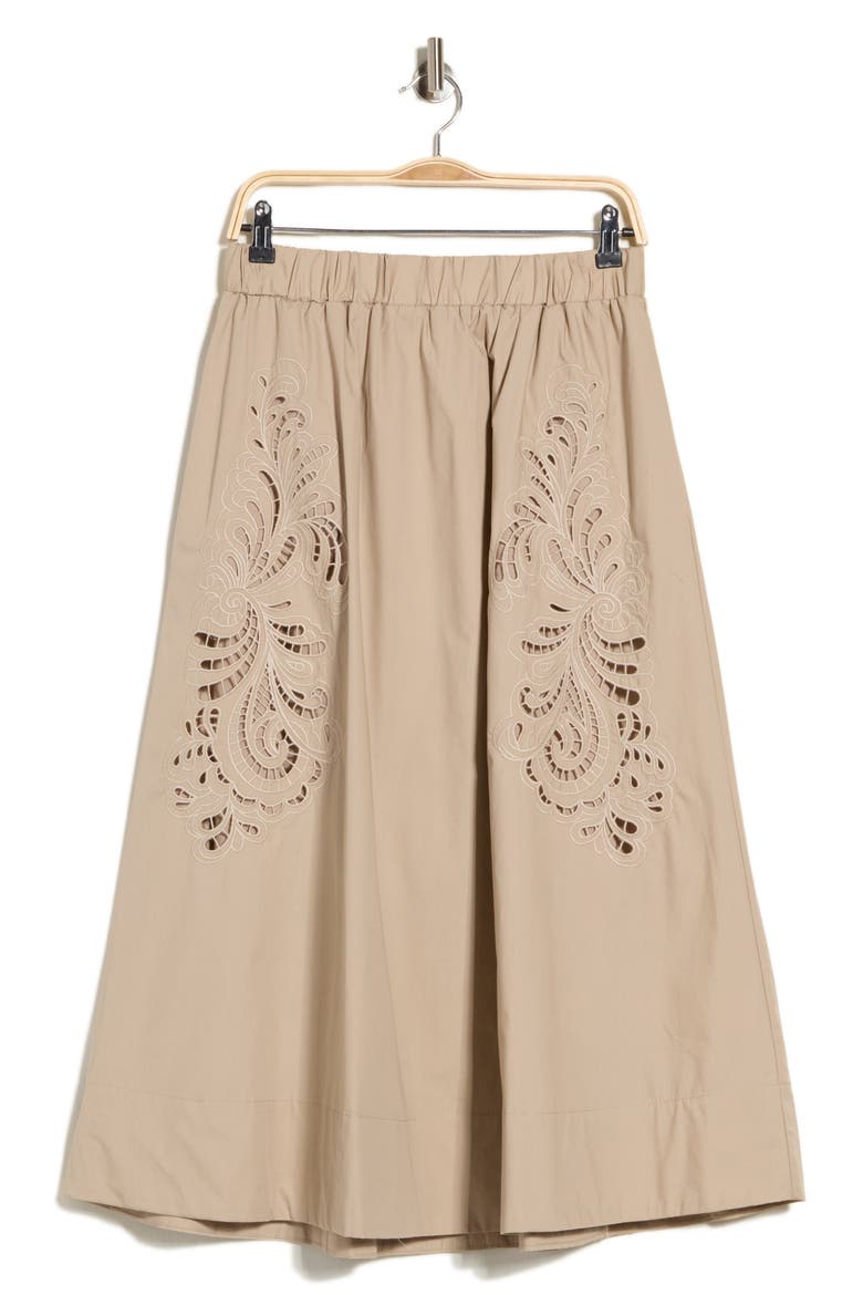 Embroidered Eyelet Poplin Midi Skirt, Alternate, color, SAFARI