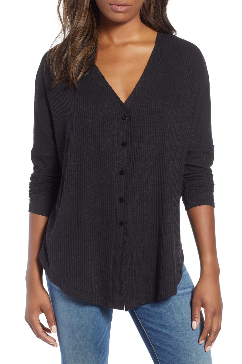 Button Front Ribbed Knit Top, Main, color, BLACK