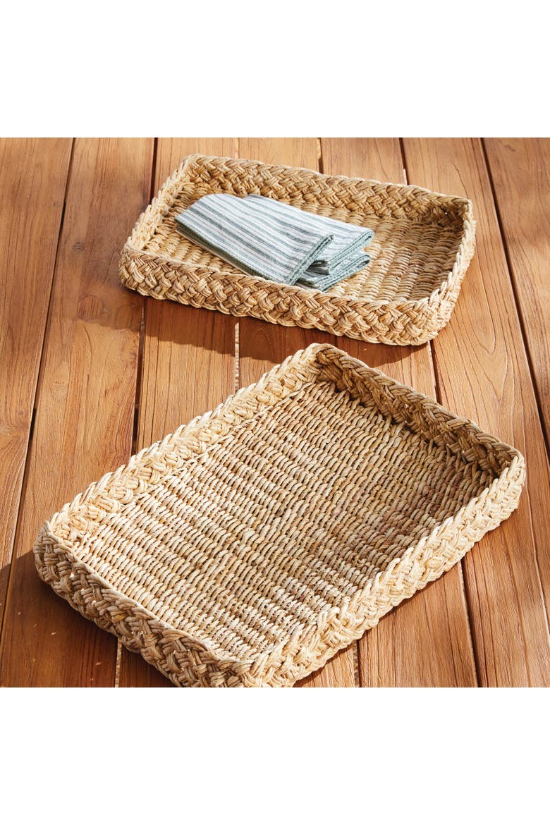 Abaca French Braided Square Decorative Trays Set of 2, Alternate, color, Beige