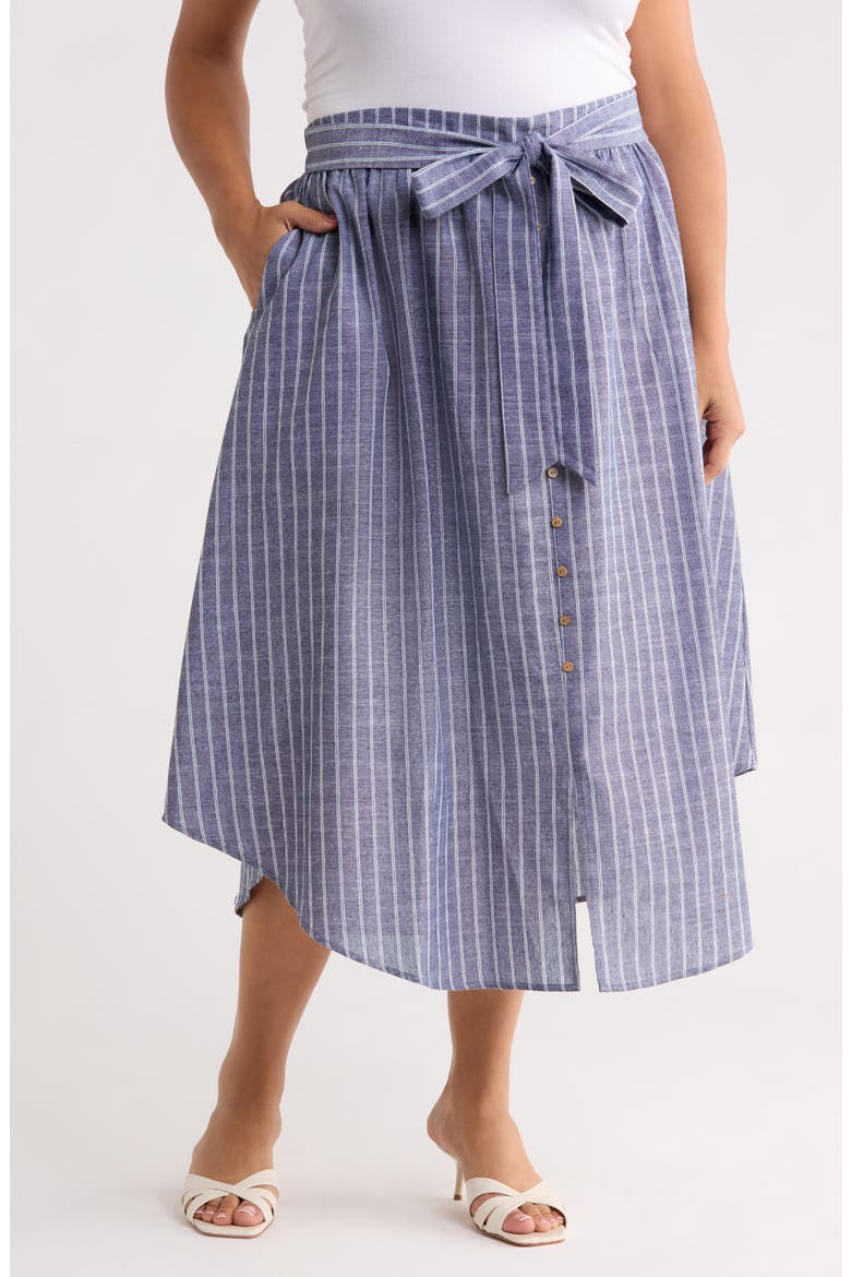 Stripe Tie Waist Linen Blend Midi Skirt, Main, color, DENIM