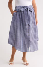 Renee C Stripe Tie Waist Linen Blend Midi Skirt