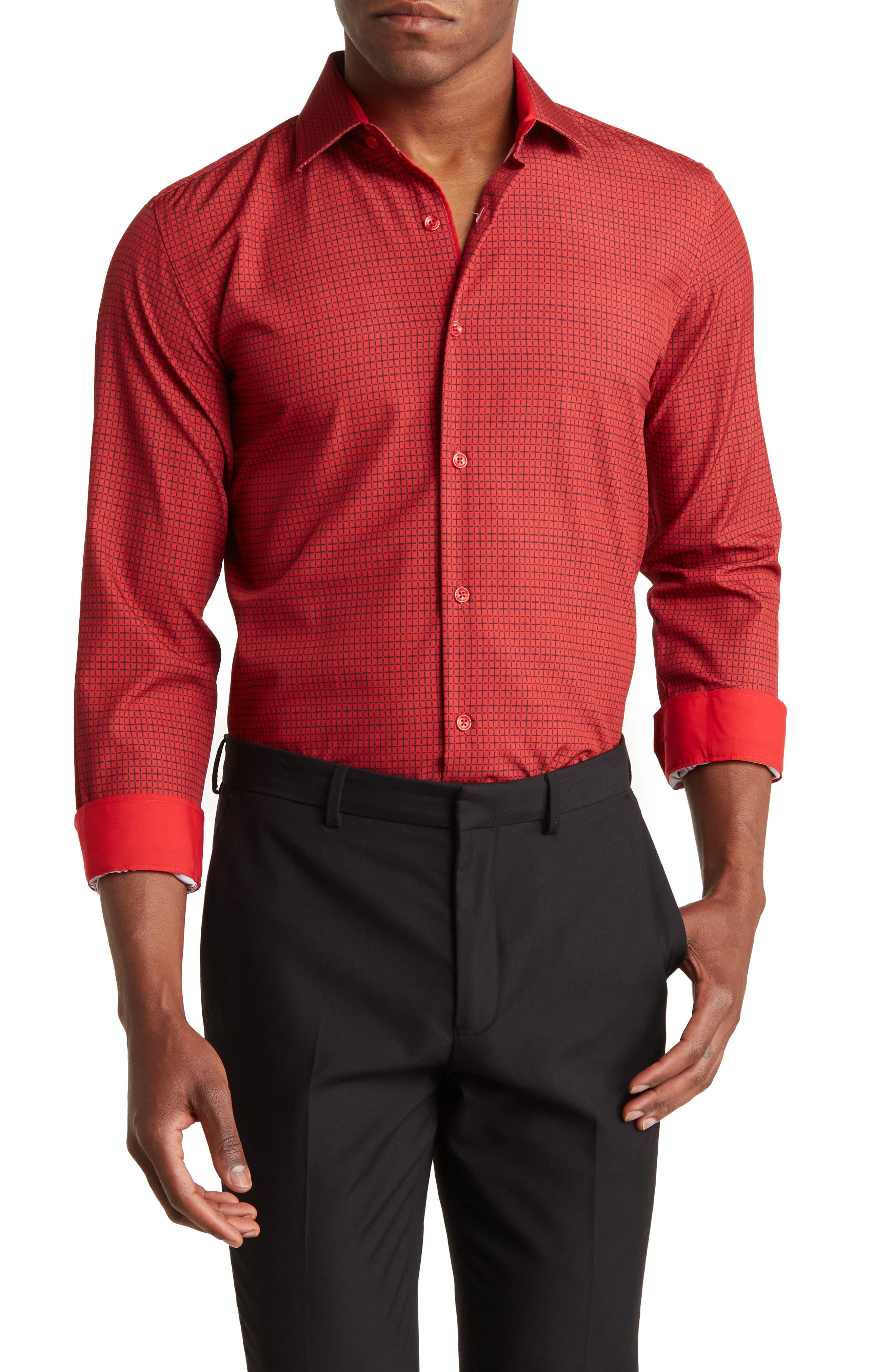 Azaro Uomo Slim Fit Grid Print Performance Dress Shirt