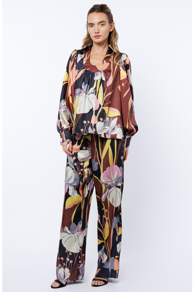 Loren Floral Satin Top, Alternate, color, BROWN