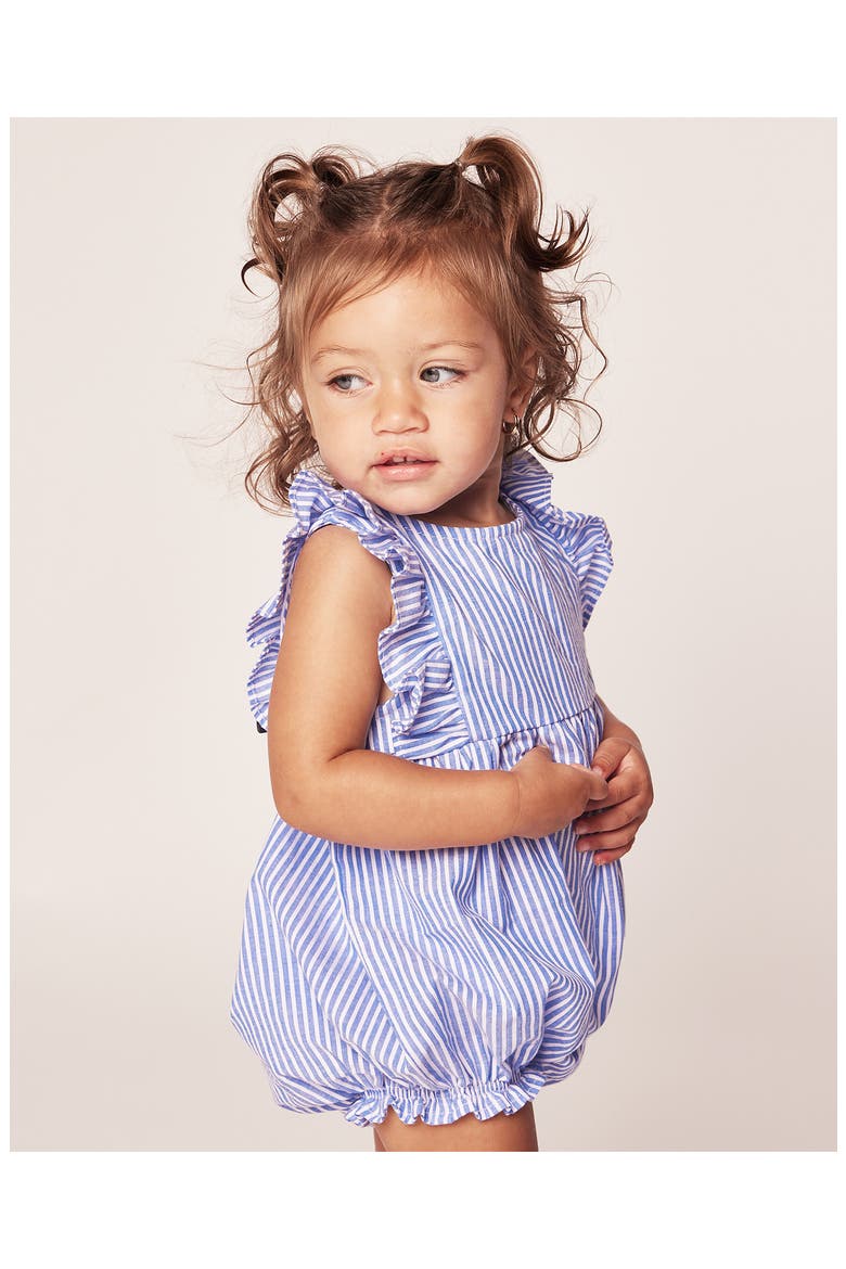 French Blue Seersucker Ruffled Romper, Alternate, color, BLUE