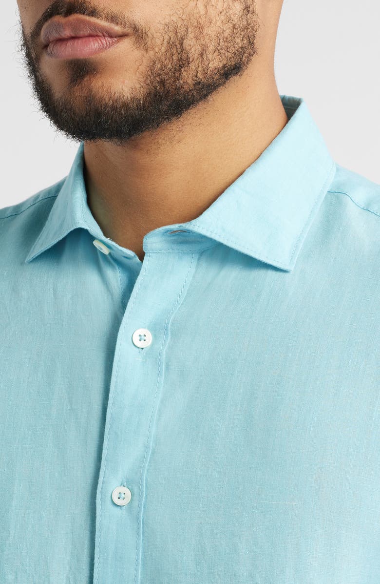 Bugatchi Axel Shaped Fit Linen Button-Up Shirt, Alternate, color, Turquoise