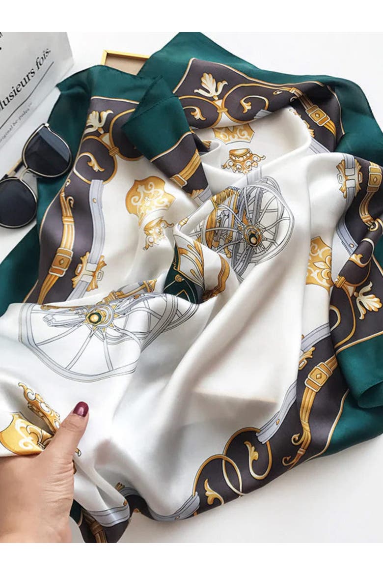 Pure Mulberry Silk Printed Square Shawl Scarf, Alternate, color, DarkGreen