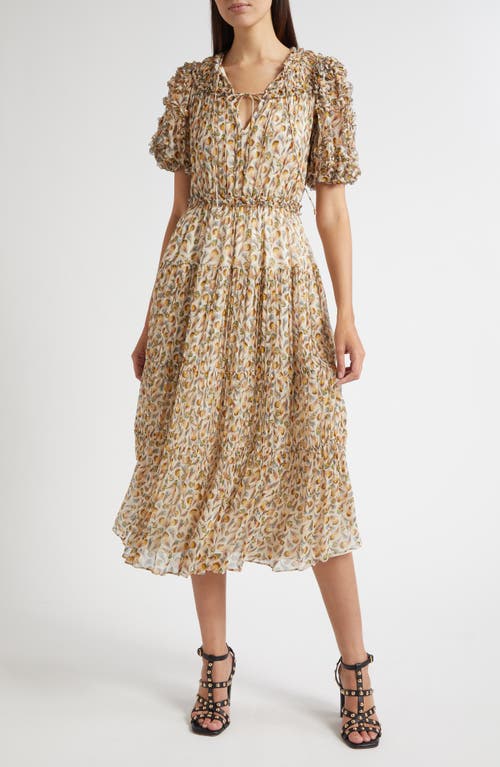 Ulla Johnson Nan Ruffle Puff Sleeve Silk Midi Dress In Brown