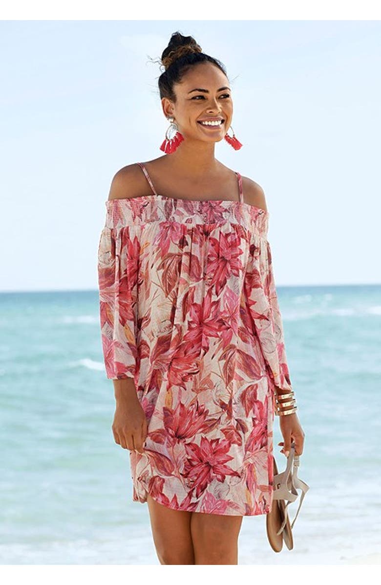 LASCANA Women's Off The Shoulder Patterned Dress, Alternate, color, Red Printed