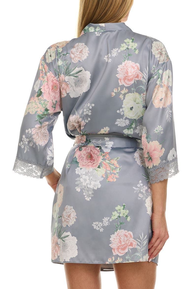 Sabrina Floral Print Satin Short Pajamas & Robe Set, Alternate, color, COOL GREY