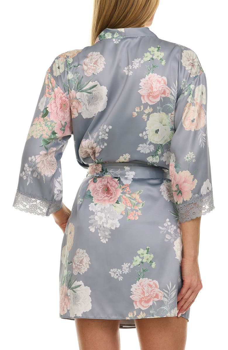 Flora Nikrooz Sabrina Floral Print Satin Short Pajamas & Robe Set, Alternate, color, Cool Grey