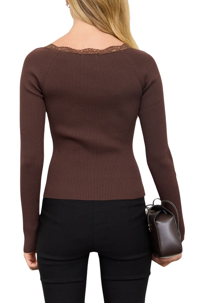 Lace Trim Ruched Henley Top, Alternate, color, BROWN