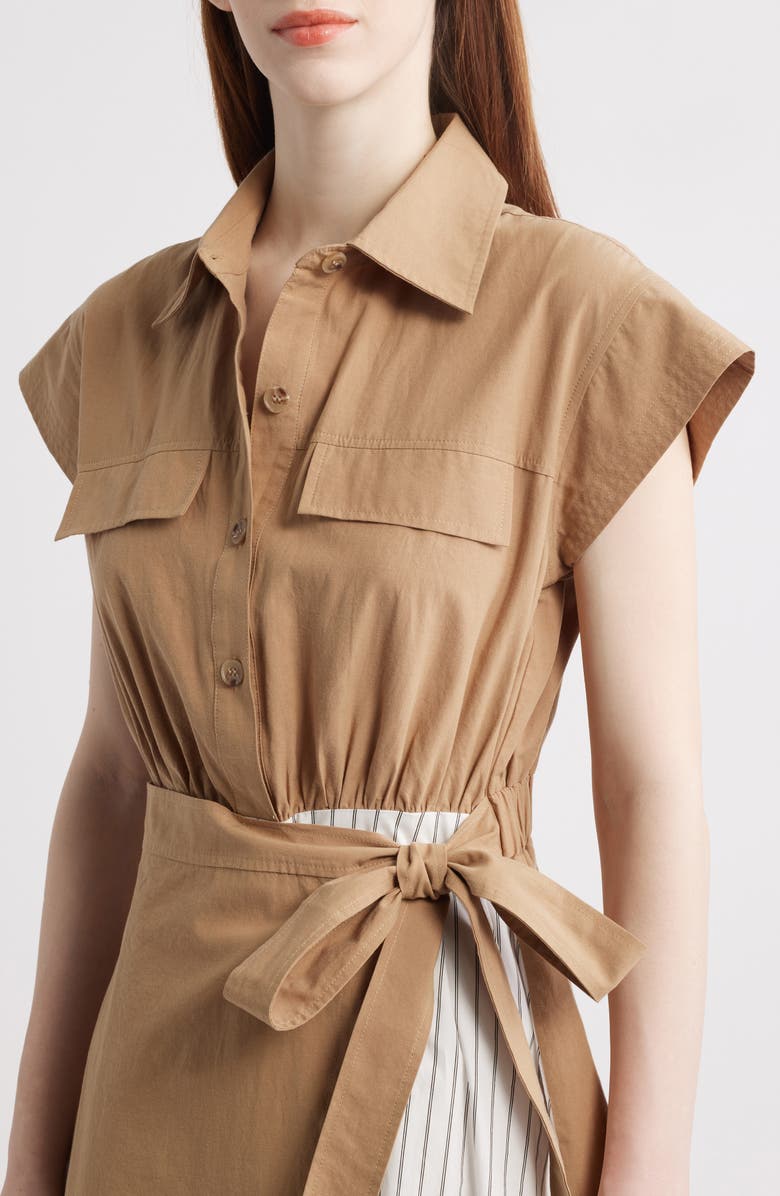 ZOE AND CLAIRE Mixed Media Tie Waist Midi Shirtdress, Alternate, color, Khaki