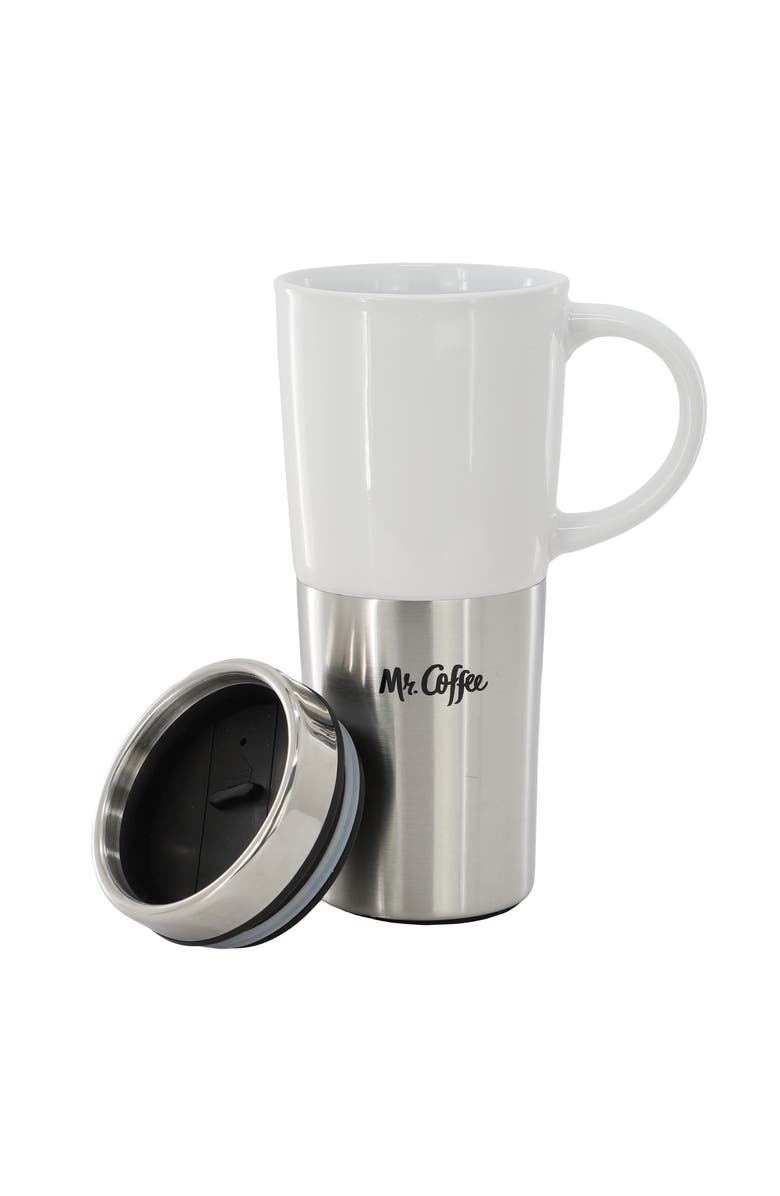 Mr. Coffee Travertine 4 Piece 16 Ounce Stoneware and Stainless Steel Travel Mug With Lid, Alternate, color, White