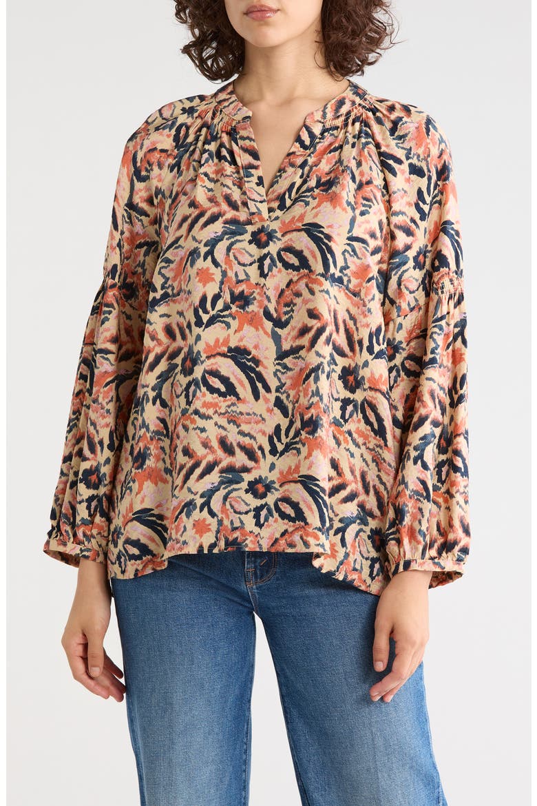 Long Sleeve Printed Popover Top, Main, color, TAN- NAVY IKAT BLOSSOM