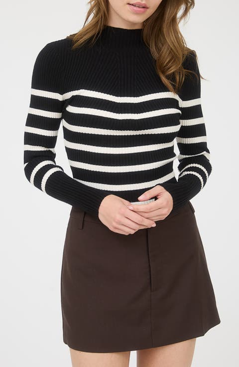 Stripe Mock Neck Rib Knit Top