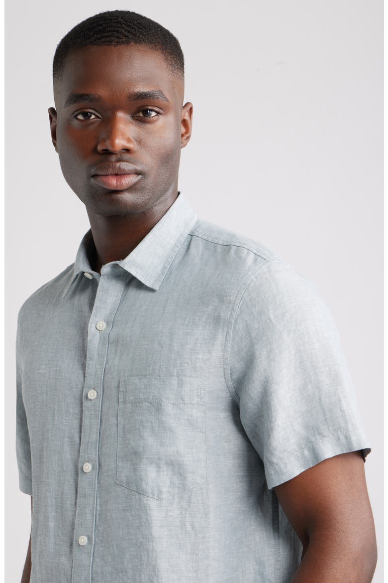 Solid Short Sleeve Linen Button-Up Shirt, Alternate, color, BLUE SPRUCE - WHITE EOE