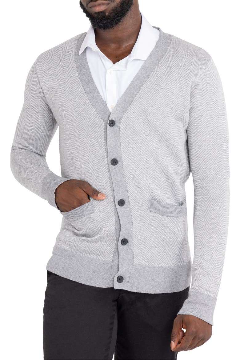 Herringbone V-Neck Button Front Cardigan, Main, color, OFF WHITE/ HEATHER GREY