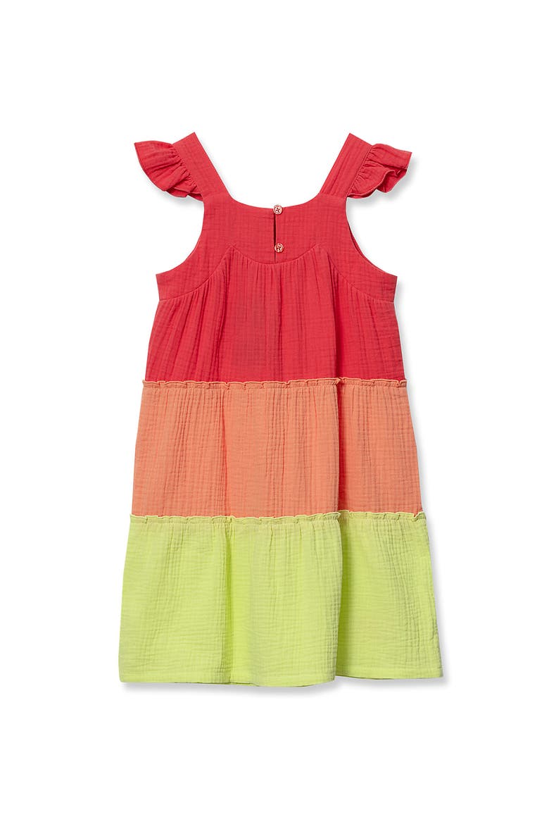Girls Woven Tiered Dress, Alternate, color, Fiery Coral Colorblock